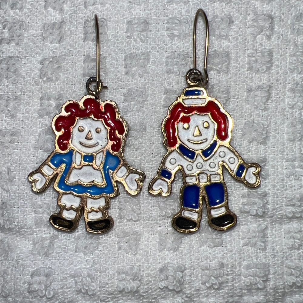 Charming Vintage Enamel Raggedy Ann & Andy Doll Earrings - Picture 1 of 3